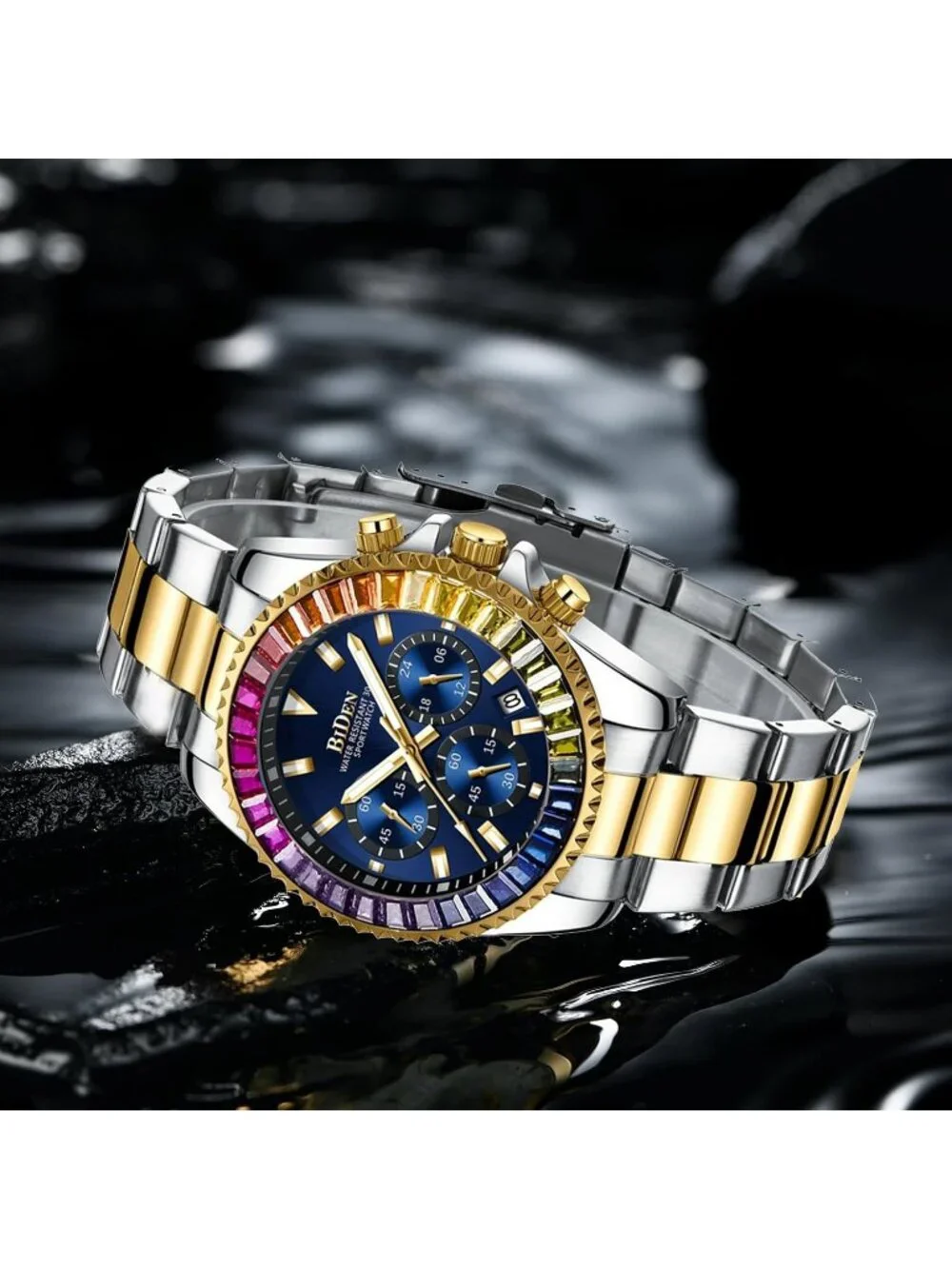 Men's Silver Gold Blue Luxury Stainless Steel Analog Chronograph Classic Watch